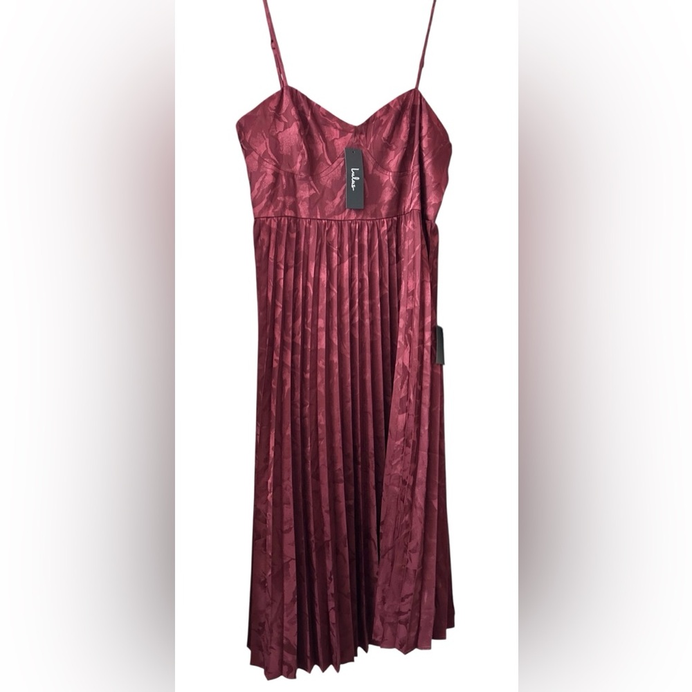 Lulus Chic Sensibility Burgundy Satin Jacquard Pleated Midi Dress Size XL New - Picture 9 of 12